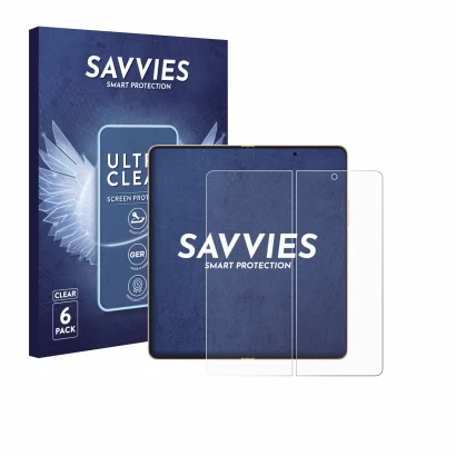 Parte frontal de un envase de producto con el logotipo de la marca Savvies. Al lado se muestra el dispositivo Honor Magic V6 (