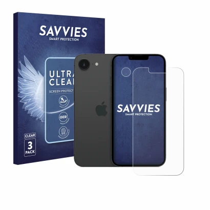 Parte frontal de un envase de producto con el logotipo de la marca Savvies. Al lado se muestra el dispositivo Apple iPhone 17e