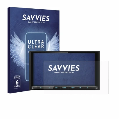 Parte frontal de un envase de producto con el logotipo de la marca Savvies. Al lado se muestra el dispositivo Kenwood DNX9190D