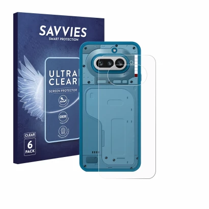 Parte frontal de un envase de producto con el logotipo de la marca Savvies. Al lado se muestra el dispositivo Nothing Phone (4