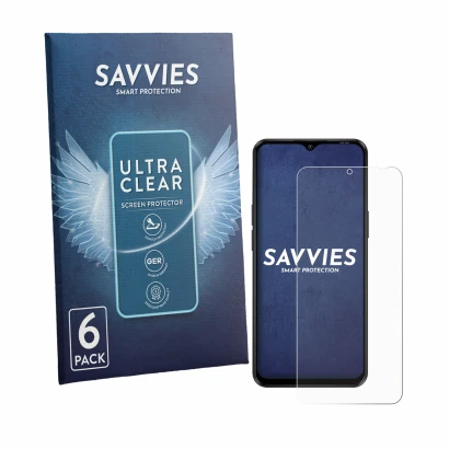 Parte frontal de un envase de producto con el logotipo de la marca Savvies. Al lado se muestra el dispositivo Blackview Wave 7