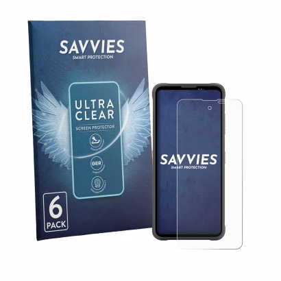 Parte frontal de un envase de producto con el logotipo de la marca Savvies. Al lado se muestra el dispositivo Blackview Fort 5