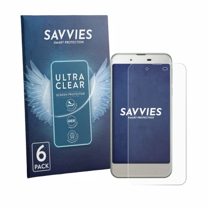 Parte frontal de un envase de producto con el logotipo de la marca Savvies. Al lado se muestra el dispositivo Sharp Aquos SHV3