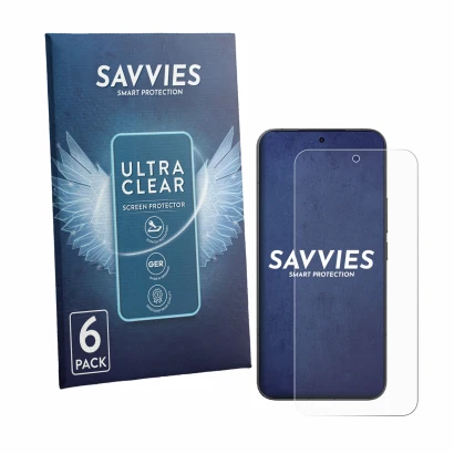 Parte frontal de un envase de producto con el logotipo de la marca Savvies. Al lado se muestra el dispositivo Xiaomi 17T Pro c