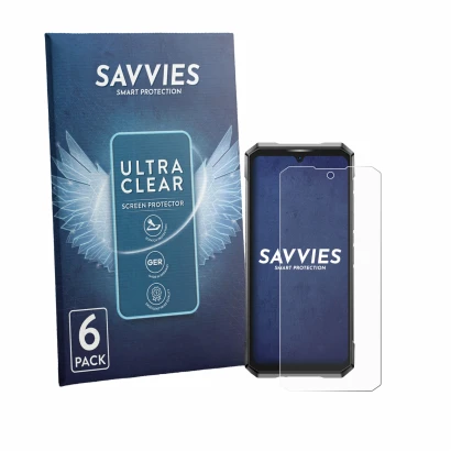 Parte frontal de un envase de producto con el logotipo de la marca Savvies. Al lado se muestra el dispositivo Doogee S200 Ultr