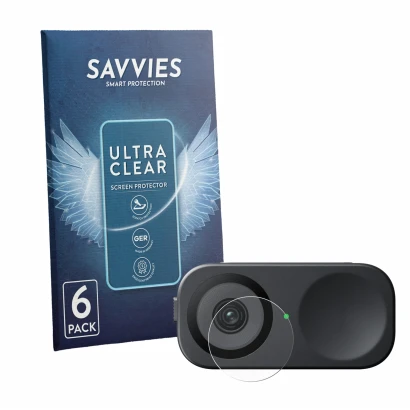 Parte frontal de un envase de producto con el logotipo de la marca Savvies. Al lado se muestra el dispositivo Insta360 Link 2C