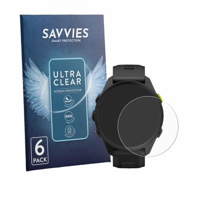 Parte frontal de un envase de producto con el logotipo de la marca Savvies. Al lado se muestra el dispositivo Garmin Forerunne