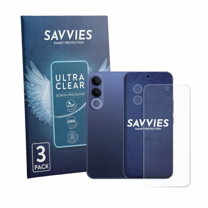Parte frontal de un envase de producto con el logotipo de la marca Savvies. Al lado se muestra el dispositivo Vivo V70 FE (Fro