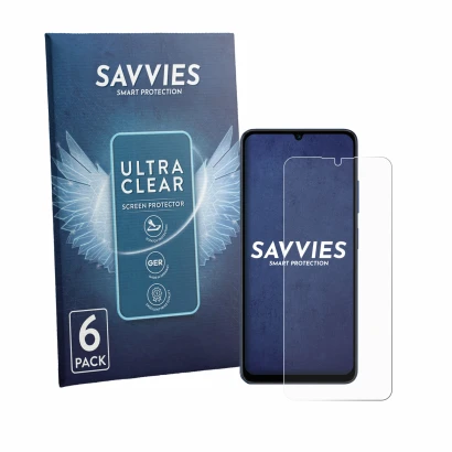 Parte frontal de un envase de producto con el logotipo de la marca Savvies. Al lado se muestra el dispositivo Lava Bold N2 5G 