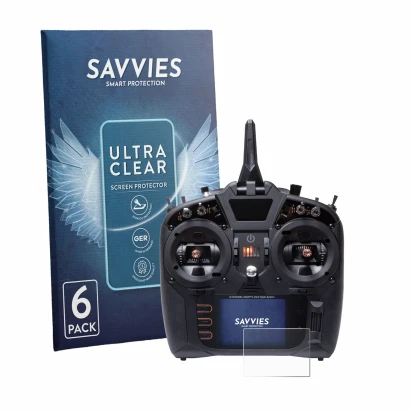 Parte frontal de un envase de producto con el logotipo de la marca Savvies. Al lado se muestra el dispositivo Spektrum NX8 Plu