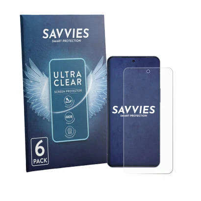 Parte frontal de un envase de producto con el logotipo de la marca Savvies. Al lado se muestra el dispositivo Sharp Aquos R11 