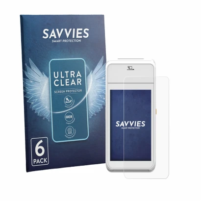 Parte frontal de un envase de producto con el logotipo de la marca Savvies. Al lado se muestra el dispositivo Pax A99 con su p