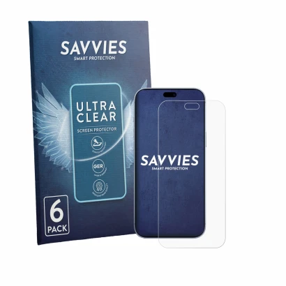Parte frontal de un envase de producto con el logotipo de la marca Savvies. Al lado se muestra el dispositivo Apple iPhone 18 