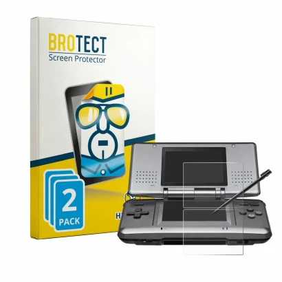 Parte frontal de un envase de producto con el logotipo de la marca BROTECT. Al lado se muestra el dispositivo Nintendo DS con