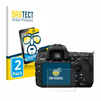 Parte frontal de un envase de producto con el logotipo de la marca BROTECT. Al lado se muestra el dispositivo Sony Alpha 700 (