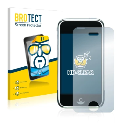 Parte frontal de un envase de producto con el logotipo de la marca BROTECT. Al lado se muestra el dispositivo Apple iPhone 2G 