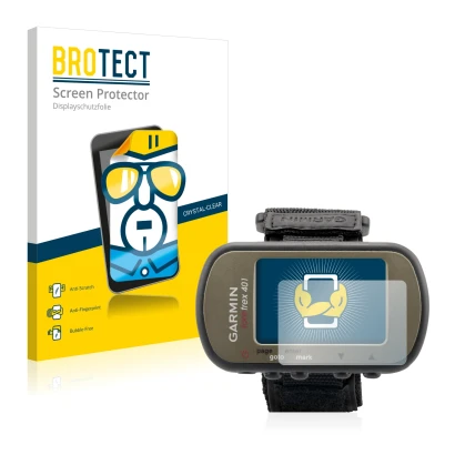 Parte frontal de un envase de producto con el logotipo de la marca BROTECT. Al lado se muestra el dispositivo Garmin Foretrex