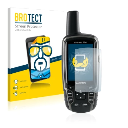 Parte frontal de un envase de producto con el logotipo de la marca BROTECT. Al lado se muestra el dispositivo Garmin GPSMAP 62