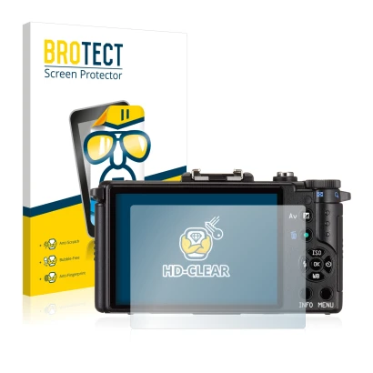 Parte frontal de un envase de producto con el logotipo de la marca BROTECT. Al lado se muestra el dispositivo Pentax Q con su