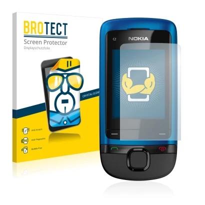 Parte frontal de un envase de producto con el logotipo de la marca BROTECT. Al lado se muestra el dispositivo Nokia C2-05 con