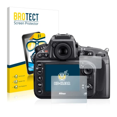Parte frontal de un envase de producto con el logotipo de la marca BROTECT. Al lado se muestra el dispositivo Nikon D800 con s