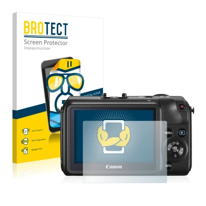 Parte frontal de un envase de producto con el logotipo de la marca BROTECT. Al lado se muestra el dispositivo Canon EOS M con 