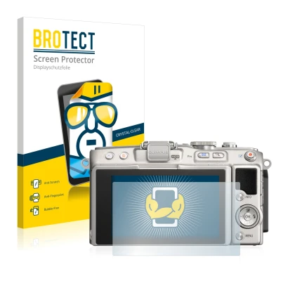 Parte frontal de un envase de producto con el logotipo de la marca BROTECT. Al lado se muestra el dispositivo Olympus PEN Lite