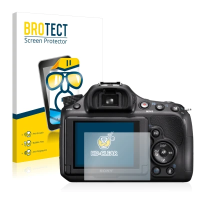 Parte frontal de un envase de producto con el logotipo de la marca BROTECT. Al lado se muestra el dispositivo Sony Alpha 58 (S
