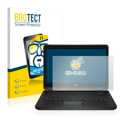 Parte frontal de un envase de producto con el logotipo de la marca BROTECT. Al lado se muestra el dispositivo Dell Latitude 14