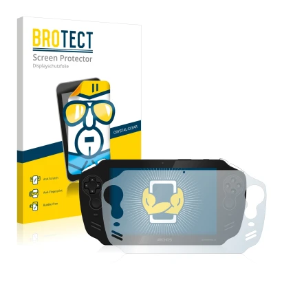 Parte frontal de un envase de producto con el logotipo de la marca BROTECT. Al lado se muestra el dispositivo Archos GamePad 2