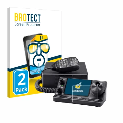 Parte frontal de un envase de producto con el logotipo de la marca BROTECT. Al lado se muestra el dispositivo Icom IC-7100 con