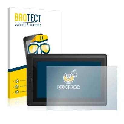 Parte frontal de un envase de producto con el logotipo de la marca BROTECT. Al lado se muestra el dispositivo Wacom Cintiq 13