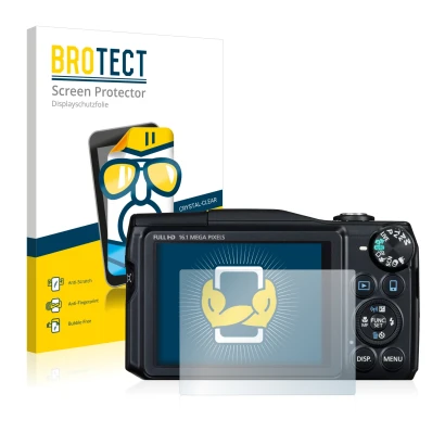 Parte frontal de un envase de producto con el logotipo de la marca BROTECT. Al lado se muestra el dispositivo Canon PowerShot 