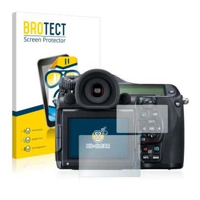 Parte frontal de un envase de producto con el logotipo de la marca BROTECT. Al lado se muestra el dispositivo Pentax 645Z con