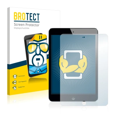 Parte frontal de un envase de producto con el logotipo de la marca BROTECT. Al lado se muestra el dispositivo Apple iPad Mini