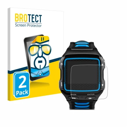 Parte frontal de un envase de producto con el logotipo de la marca BROTECT. Al lado se muestra el dispositivo Garmin Forerunne
