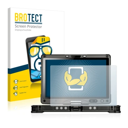 Parte frontal de un envase de producto con el logotipo de la marca BROTECT. Al lado se muestra el dispositivo Getac V110 con s