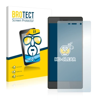 Parte frontal de un envase de producto con el logotipo de la marca BROTECT. Al lado se muestra el dispositivo Hisense H910 con