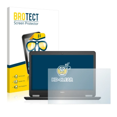 Parte frontal de un envase de producto con el logotipo de la marca BROTECT. Al lado se muestra el dispositivo Dell Latitude 14