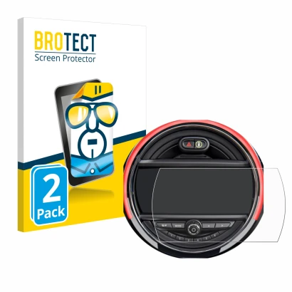 Parte frontal de un envase de producto con el logotipo de la marca BROTECT. Al lado se muestra el dispositivo Mini Cooper R56