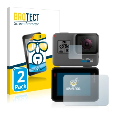 Parte frontal de un envase de producto con el logotipo de la marca BROTECT. Al lado se muestra el dispositivo GoPro Hero 5 Bla