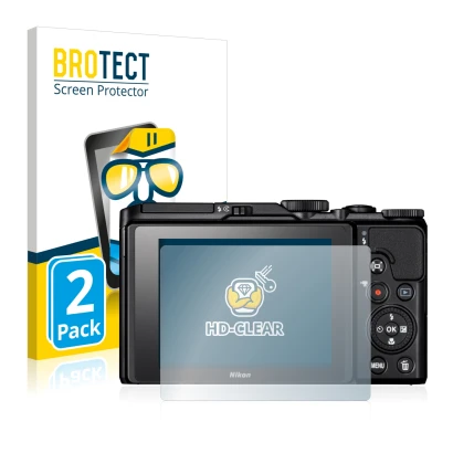 Parte frontal de un envase de producto con el logotipo de la marca BROTECT. Al lado se muestra el dispositivo Nikon Coolpix A9