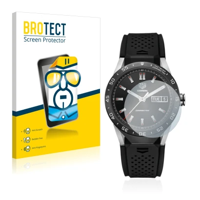 Parte frontal de un envase de producto con el logotipo de la marca BROTECT. Al lado se muestra el dispositivo TAG Heuer Connec