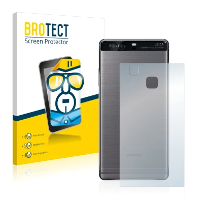 Parte frontal de un envase de producto con el logotipo de la marca BROTECT. Al lado se muestra el dispositivo Huawei P9 Plus (