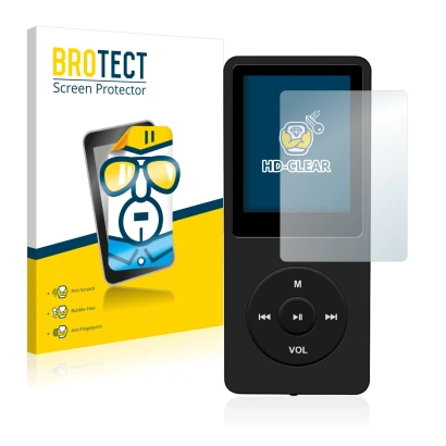 Parte frontal de un envase de producto con el logotipo de la marca BROTECT. Al lado se muestra el dispositivo AGPtek 8GB MP3-P