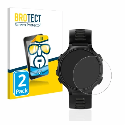 Parte frontal de un envase de producto con el logotipo de la marca BROTECT. Al lado se muestra el dispositivo Garmin Forerunne