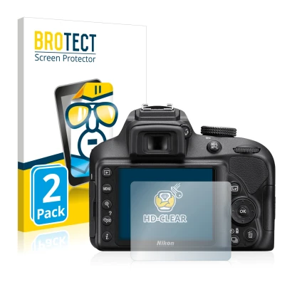 Parte frontal de un envase de producto con el logotipo de la marca BROTECT. Al lado se muestra el dispositivo Nikon D3400 con 