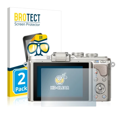 Parte frontal de un envase de producto con el logotipo de la marca BROTECT. Al lado se muestra el dispositivo Olympus PEN E-PL