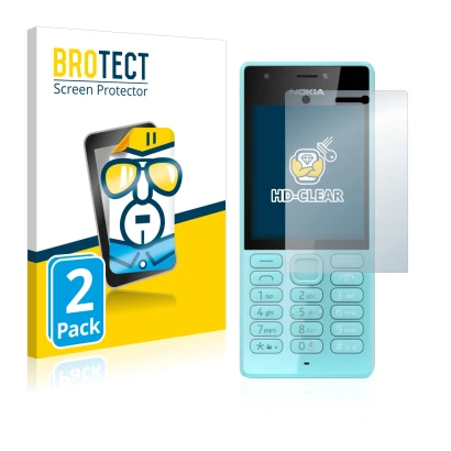 Parte frontal de un envase de producto con el logotipo de la marca BROTECT. Al lado se muestra el dispositivo Nokia 216 con su