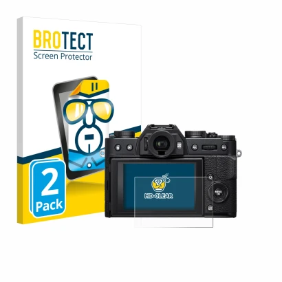Parte frontal de un envase de producto con el logotipo de la marca BROTECT. Al lado se muestra el dispositivo Fujifilm X-T20 c